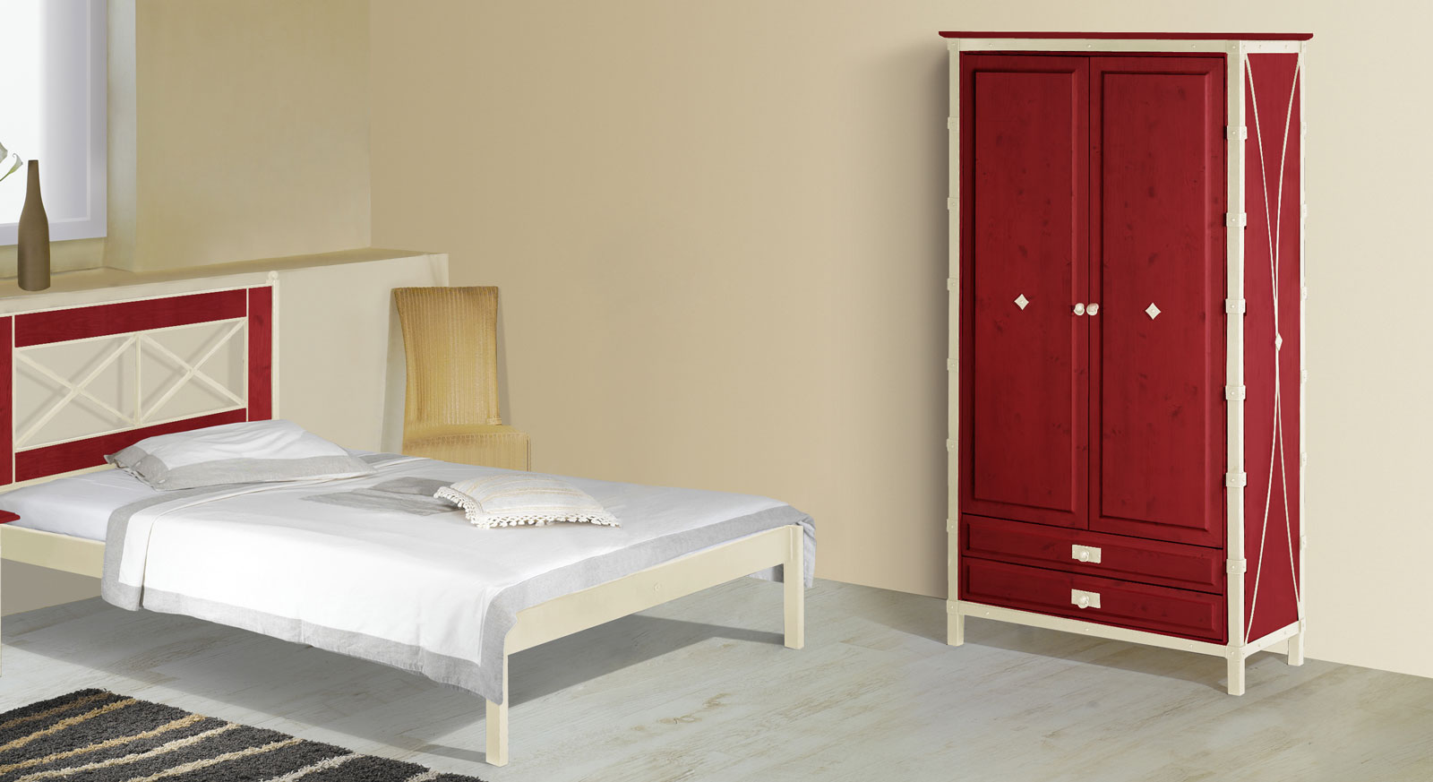 Zweitüriger Drehtüren-Kleiderschrank Lavia in Rot und Creme-Gold