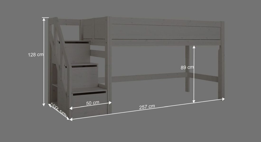 LIFETIME Midi-Hochbett Original Kiefer Massivholz mit Lattenrost und Treppenmodul