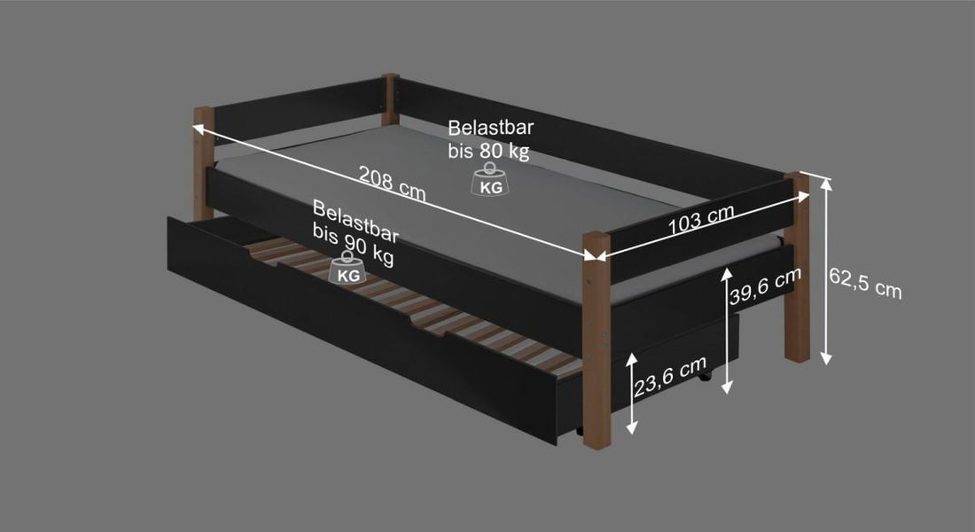 Ausziehbett Kids Nordic Buche teilmassiv mit Lattenrost und Bettschublade