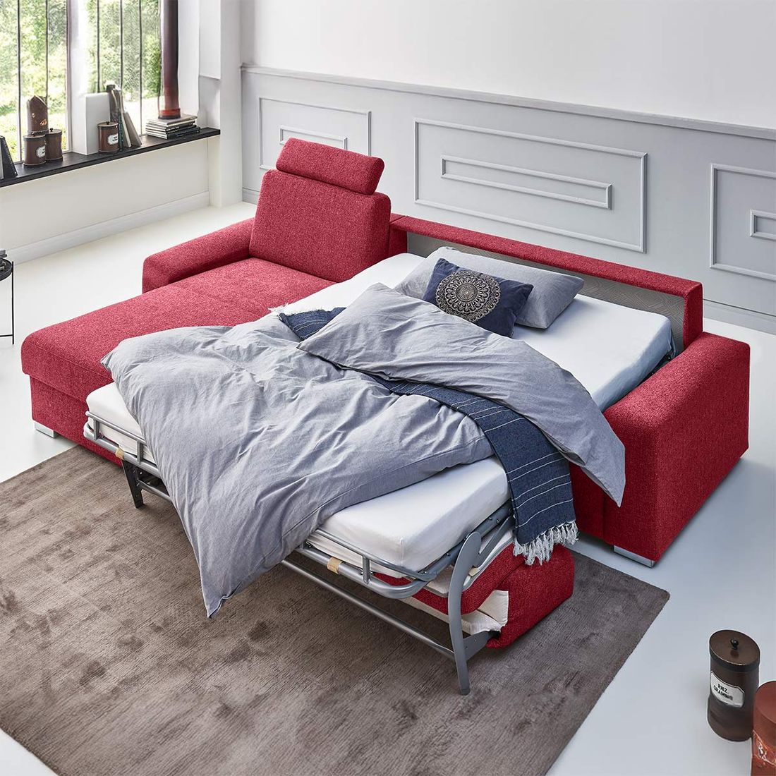 Eck-Schlafsofa Lelio Webstoff mit Lattenrost und Bettkasten Ottomane links