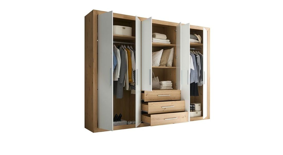 Drehtüren-Kleiderschrank Ermua Eiche Dekor mit Schubladen