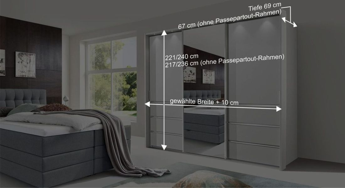 Schwebetüren-Kleiderschrank Tanaria mit Spiegel und Schubladen