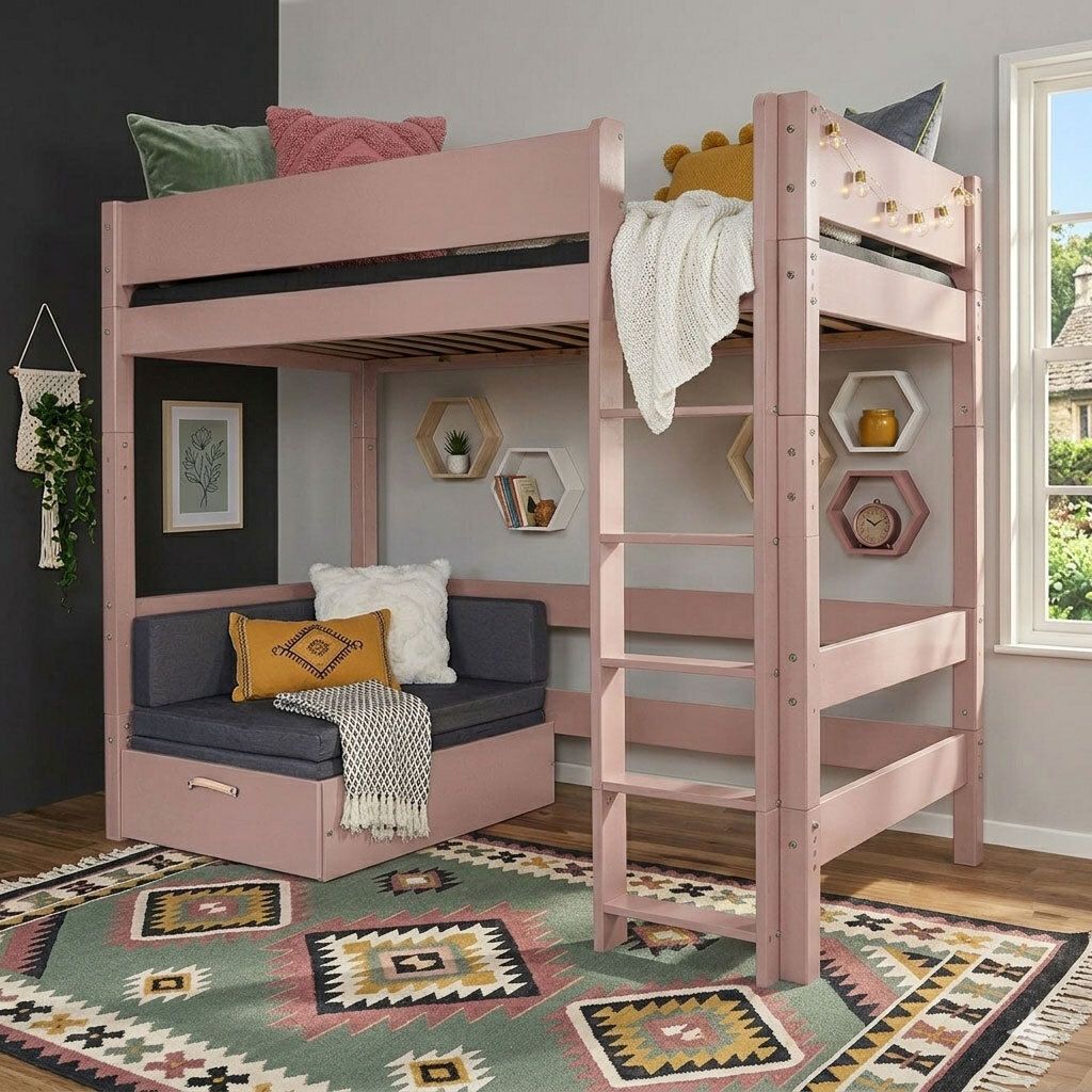 Maxi-Hochbett Kids Town Color Buche teilmassiv mit Lattenrost und Ausziehsofa