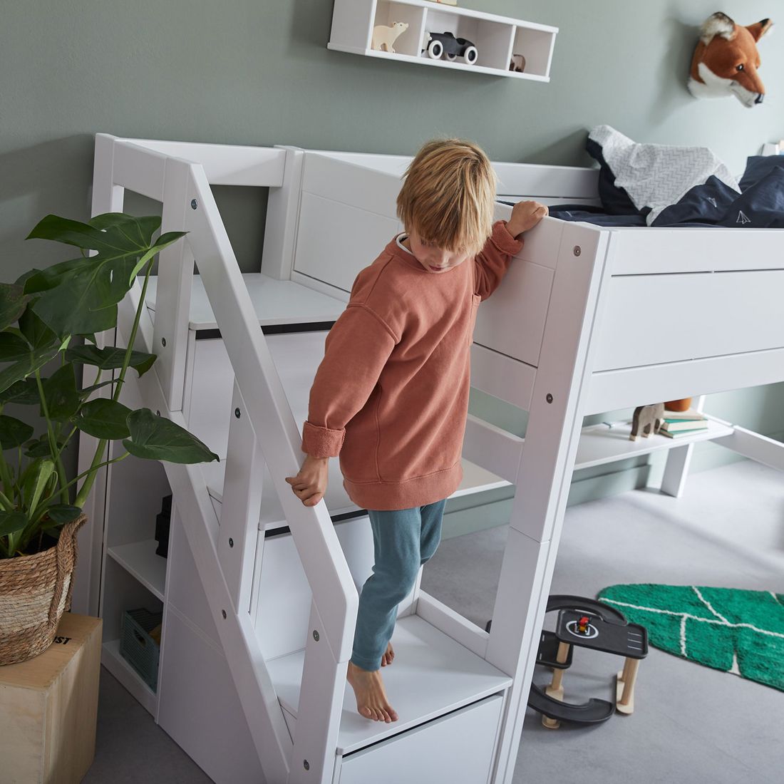 LIFETIME Midi-Hochbett Original Kiefer Massivholz mit Lattenrost und Treppenmodul