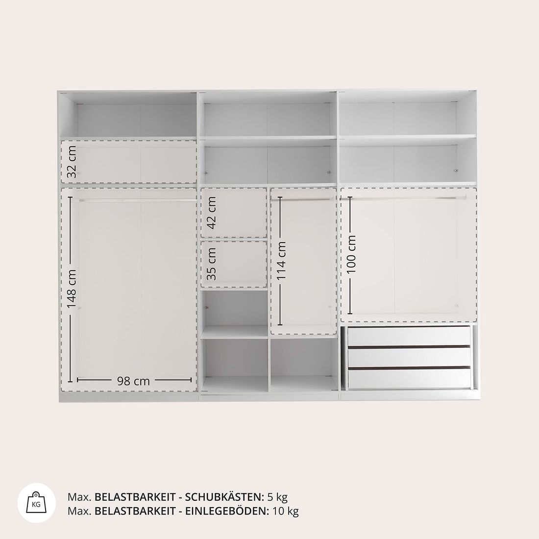Drehtüren-Kleiderschrank Torvian 302x225cm mit Innenausstattung Kaschmir Hochglanz