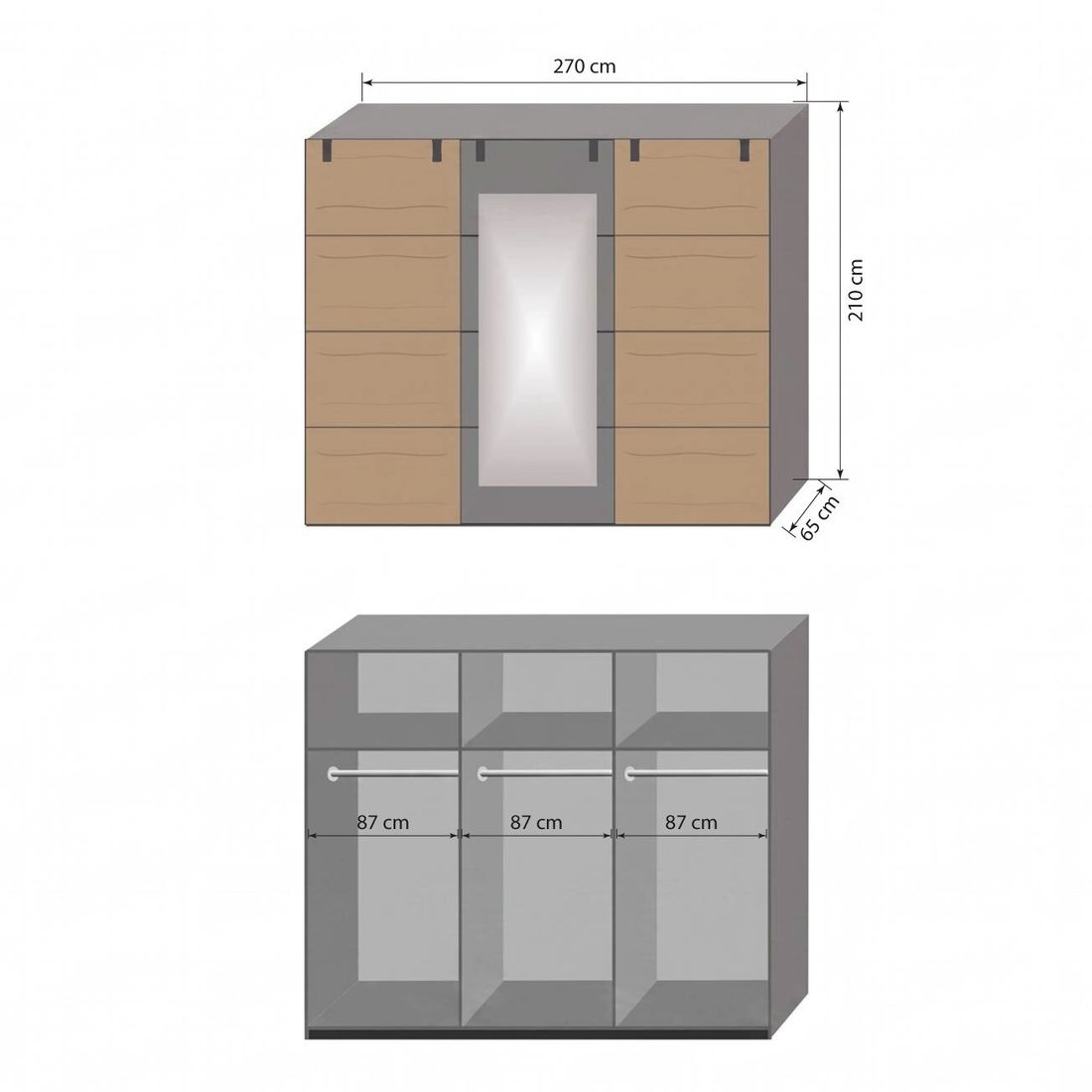 Schwebetüren-Kleiderschrank Midori Tanne Dekor mit Spiegel H 210cm