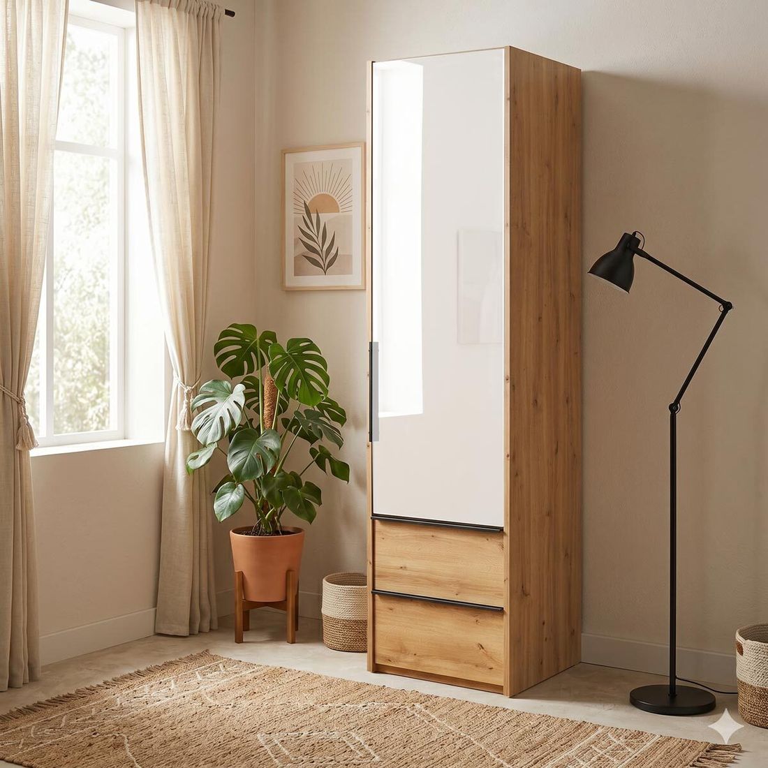 Interliving Drehtüren-Kleiderschrank 1205 Eiche Dekor mit Glasfront und Schubladen
