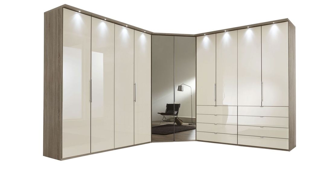 Eck-Kleiderschrank Tiko Eiche Dekor mit Schubladen, Spiegel und Glasfront