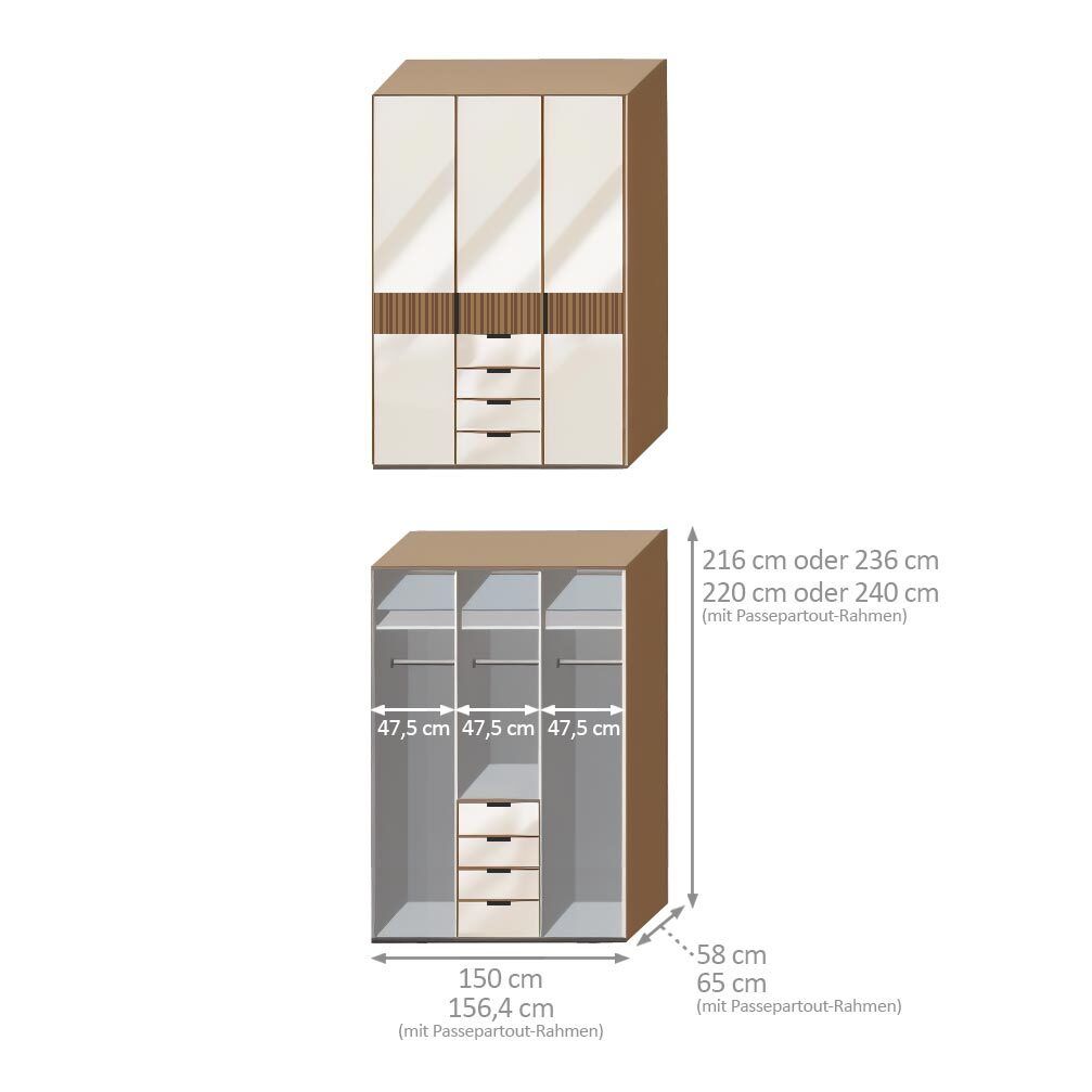 Drehtüren-Kleiderschrank Solya Eiche teilmassiv mit Glasfront und Schubladen