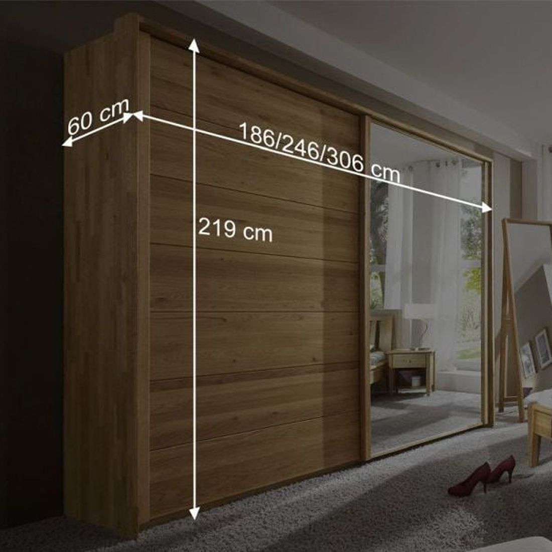 Schwebetüren-Kleiderschrank Roseville Wildeiche Massivholz mit Spiegel