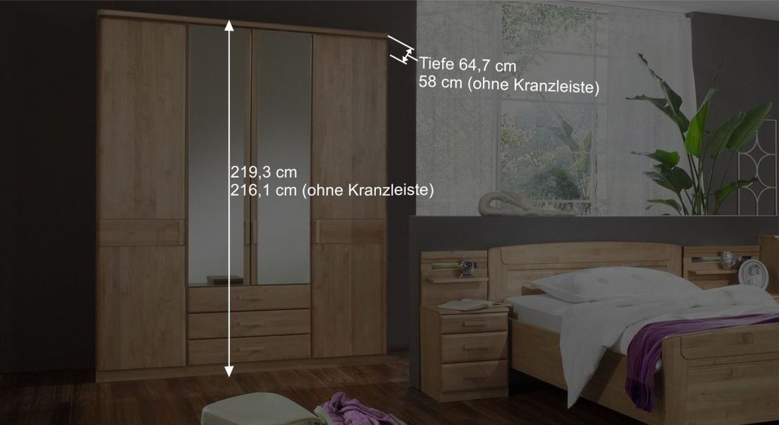 Drehtüren-Kleiderschrank Sanando Erle teilmassiv mit Spiegel und Schubladen