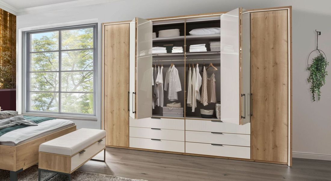 Drehtüren-Kleiderschrank Estiva Eiche Dekor mit Glasfront und Schubladen