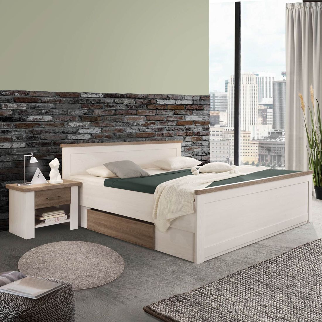 Bett Jordi Komfort Pinie Dekor mit Nachttischen und Schubkasten