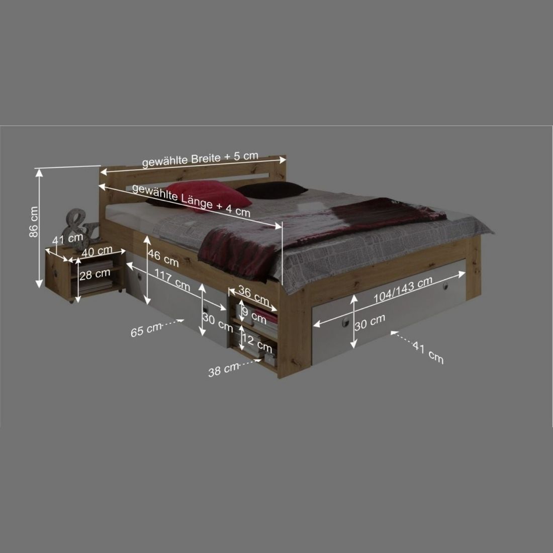Bett Eibar Komfort Eiche Dekor mit Nachttischen und Schubkasten