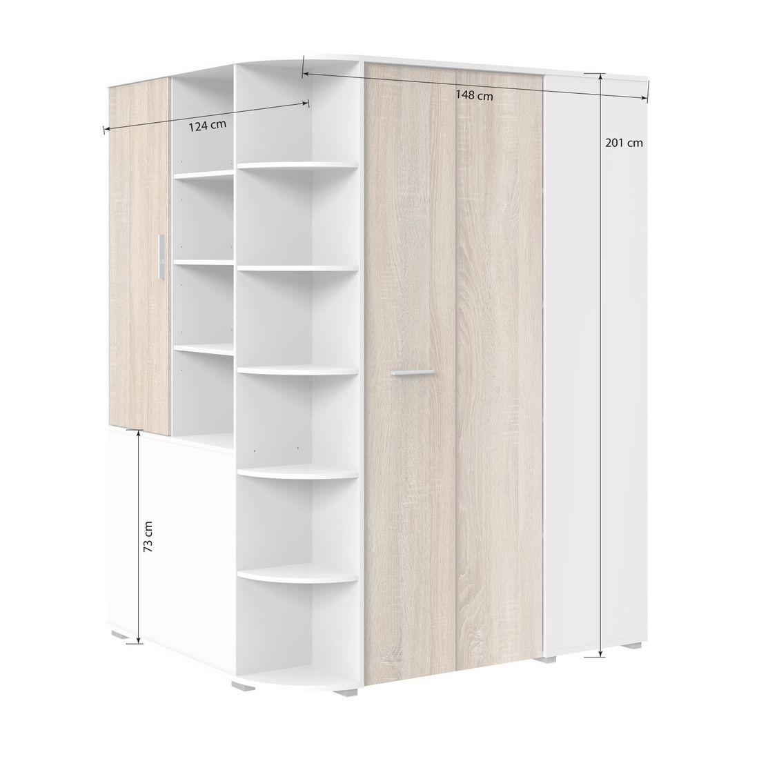 Eck-Kleiderschrank Solero begehbar mit Innenausstattung 124x201cm
