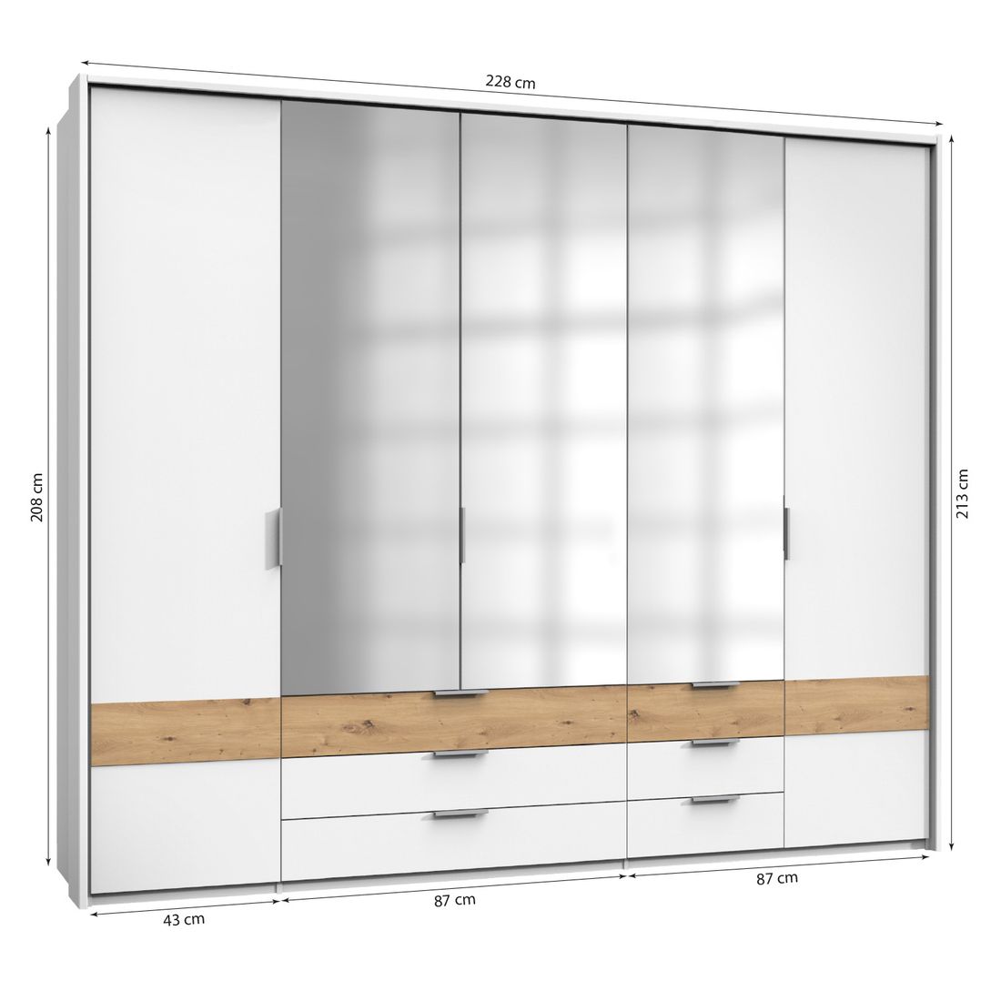 Drehtürenschrank Eluan mit Spiegel und Schubladen H 208cm