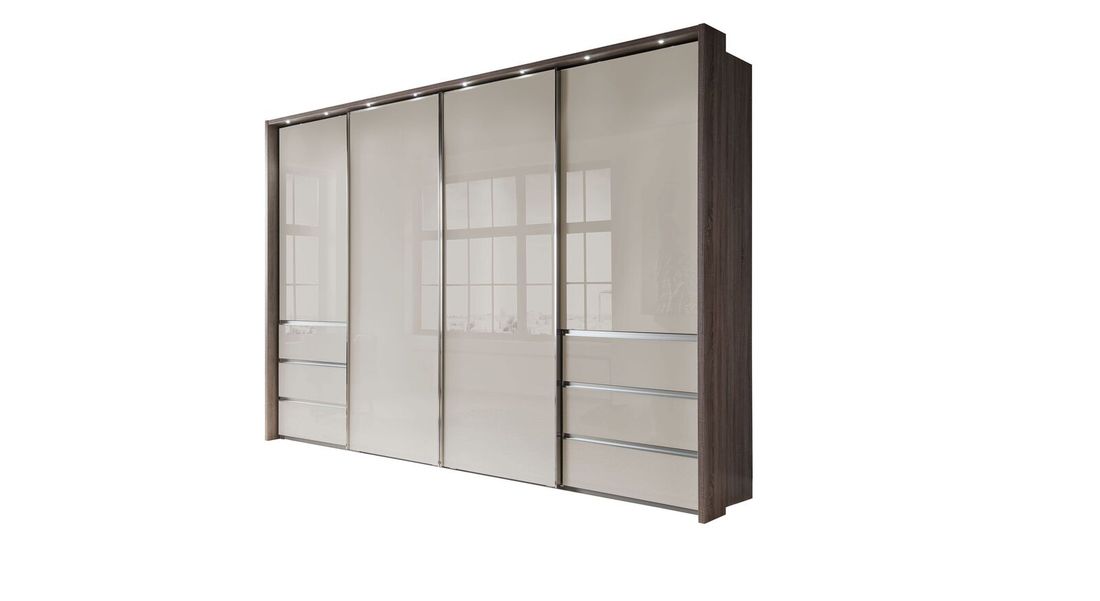 Schwebetüren-Kleiderschrank Tunica Eiche Dekor mit Glasfront und Schubladen