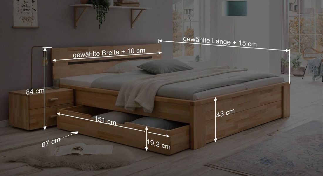 HOMELIV. Bett Tamira Komfort Kernbuche Massivholz mit Schubkasten