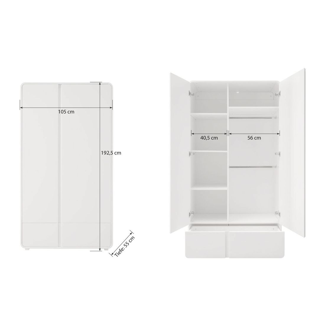 Drehtüren-Kleiderschrank Kids Arctic mit Schubladen und Innenausstattung 105x193cm