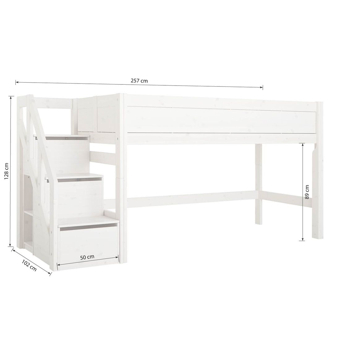LIFETIME Midi-Hochbett Original Kiefer Massivholz mit Lattenrost und Treppenmodul