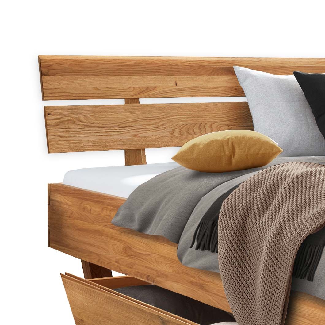 Bett Inula Komfort Wildeiche Massivholz mit Schubkasten
