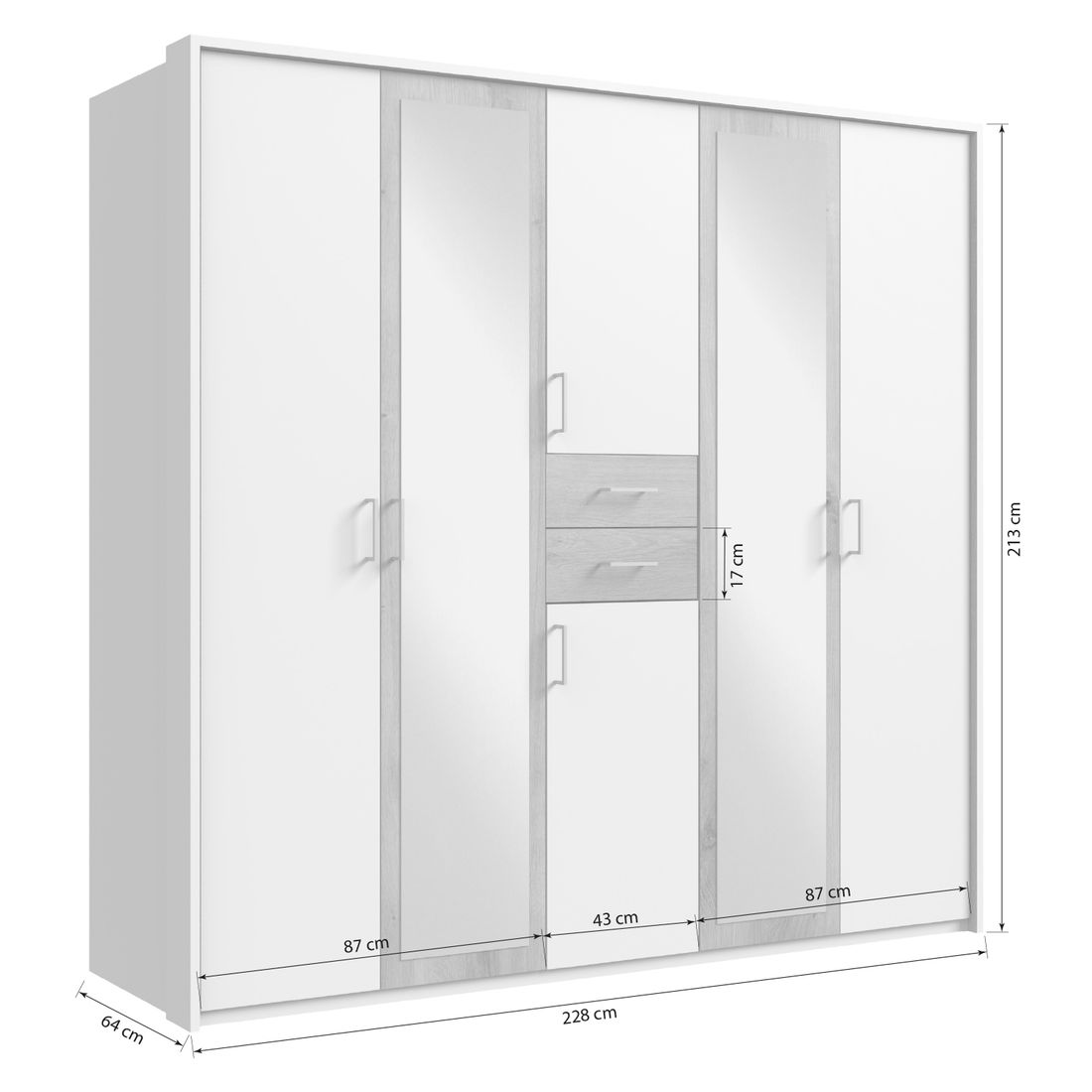 Drehtüren-Kleiderschrank Foglia mit Spiegel und Schubladen