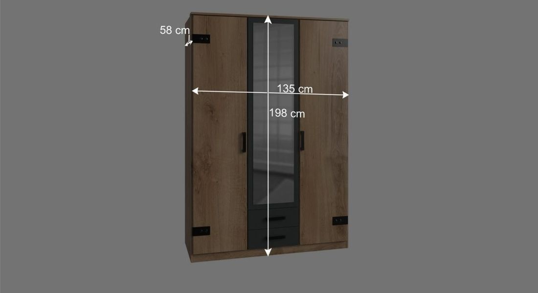 Drehtüren-Kleiderschrank Nolan mit Spiegel und Schubladen 135x198cm