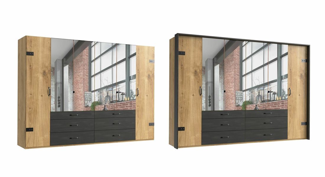 Drehtüren-Kleiderschrank Mancos Eiche Dekor mit Spiegel und Schubladen