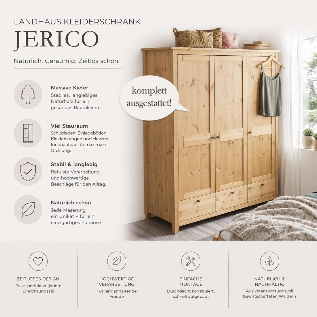 HOMELIV. Drehtüren-Kleiderschrank Jerico Kiefer Massivholz mit Schubladen und Innenausstattung H 210cm