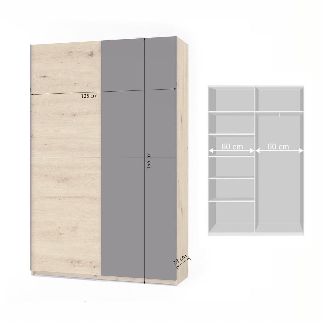 Schwebetüren-Kleiderschrank Nardo Eiche Dekor mit Innenausstattung 125x196cm