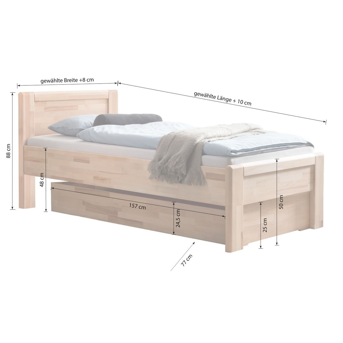HOMELIV. Seniorenbett Ewen Komfort Kernbuche Massivholz mit Schubkasten