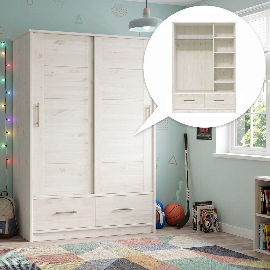 Schiebetüren-Kleiderschrank Kids Paradise Kiefer Massivholz mit Innenausstattung H 200cm