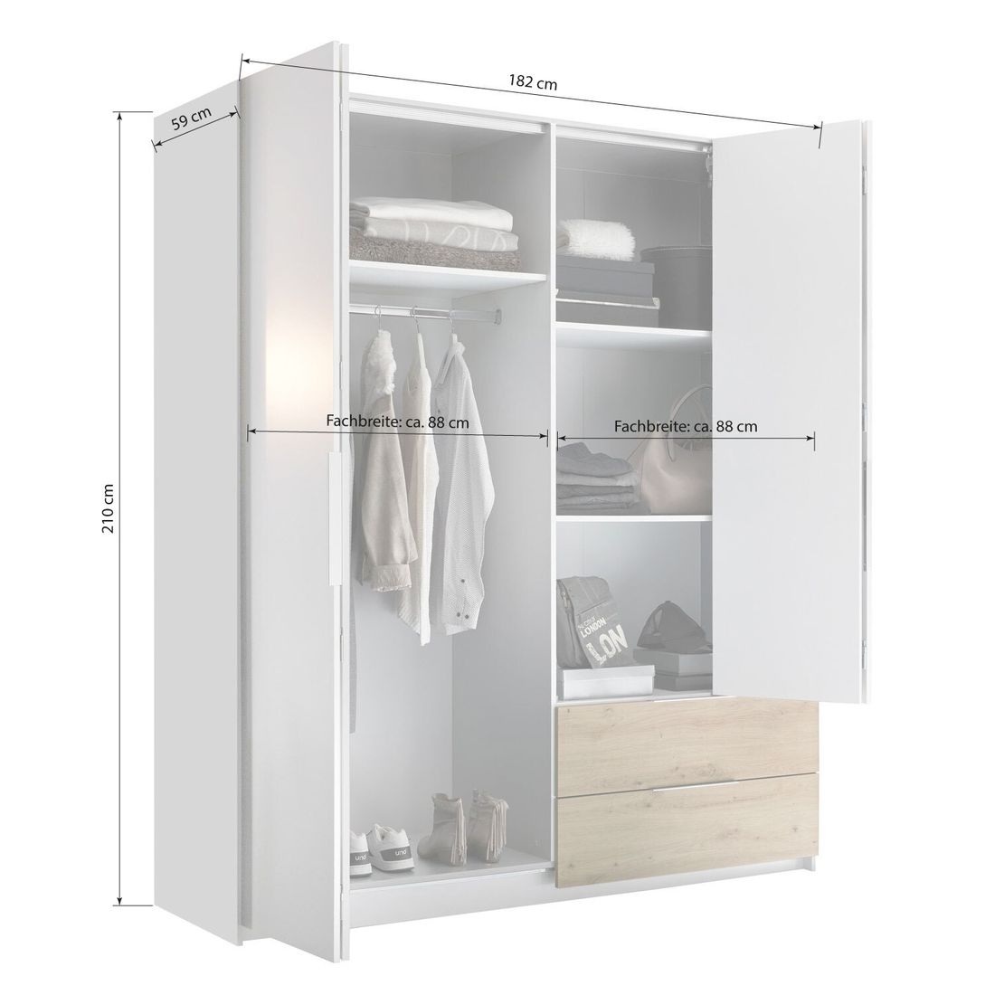 Falttüren-Kleiderschrank Riona mit Schubladen 182x210cm