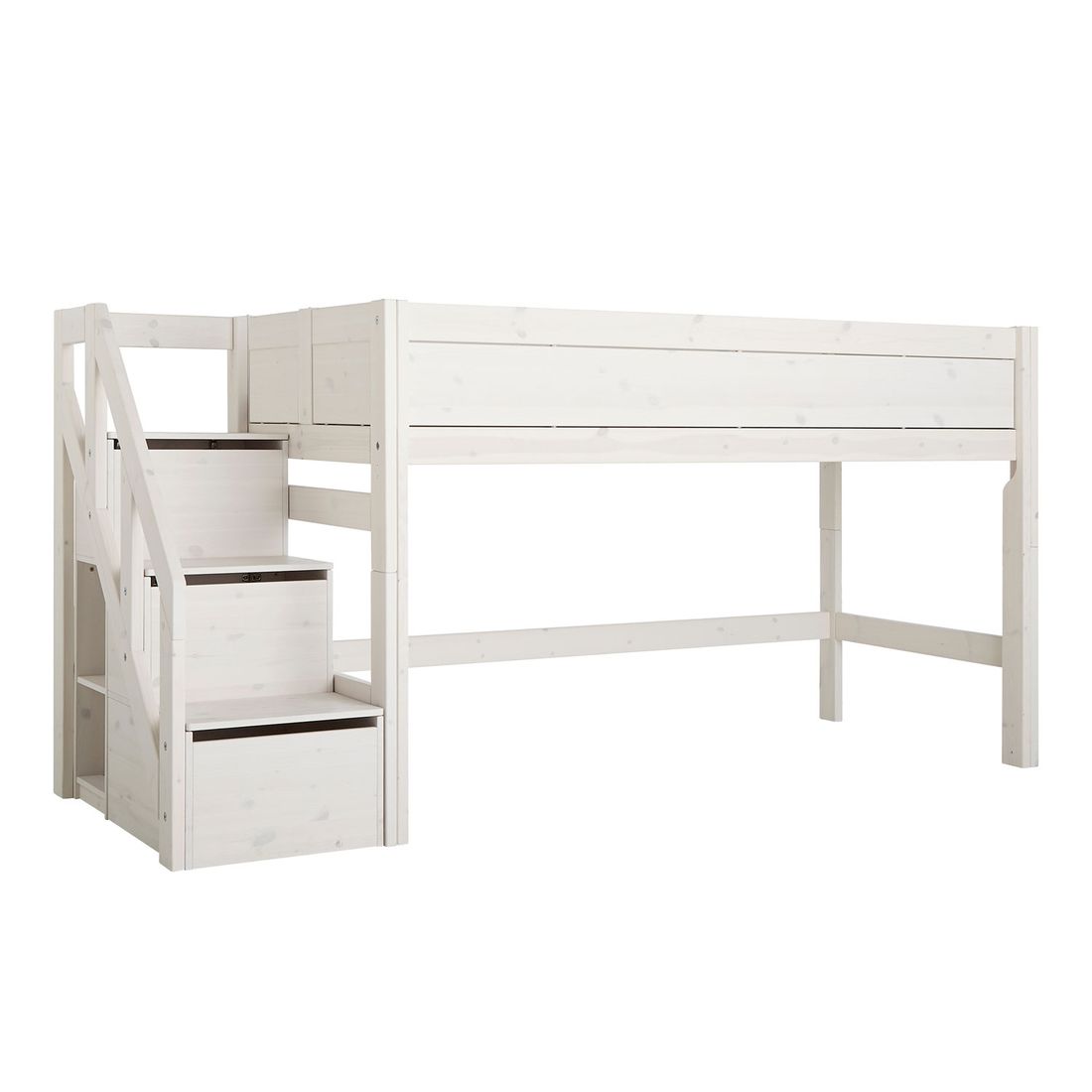 LIFETIME Midi-Hochbett Original Kiefer Massivholz mit Lattenrost und Treppenmodul