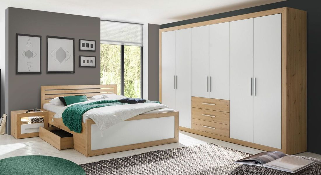 Drehtüren-Kleiderschrank Ermua Eiche Dekor mit Schubladen