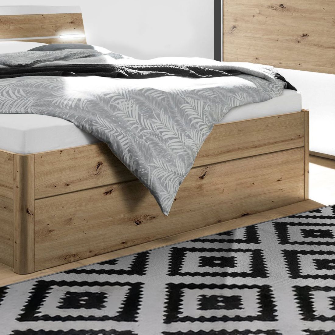 Bett Duana Komfort Eiche Dekor mit Nachttischen, Beleuchtung und Schubkasten