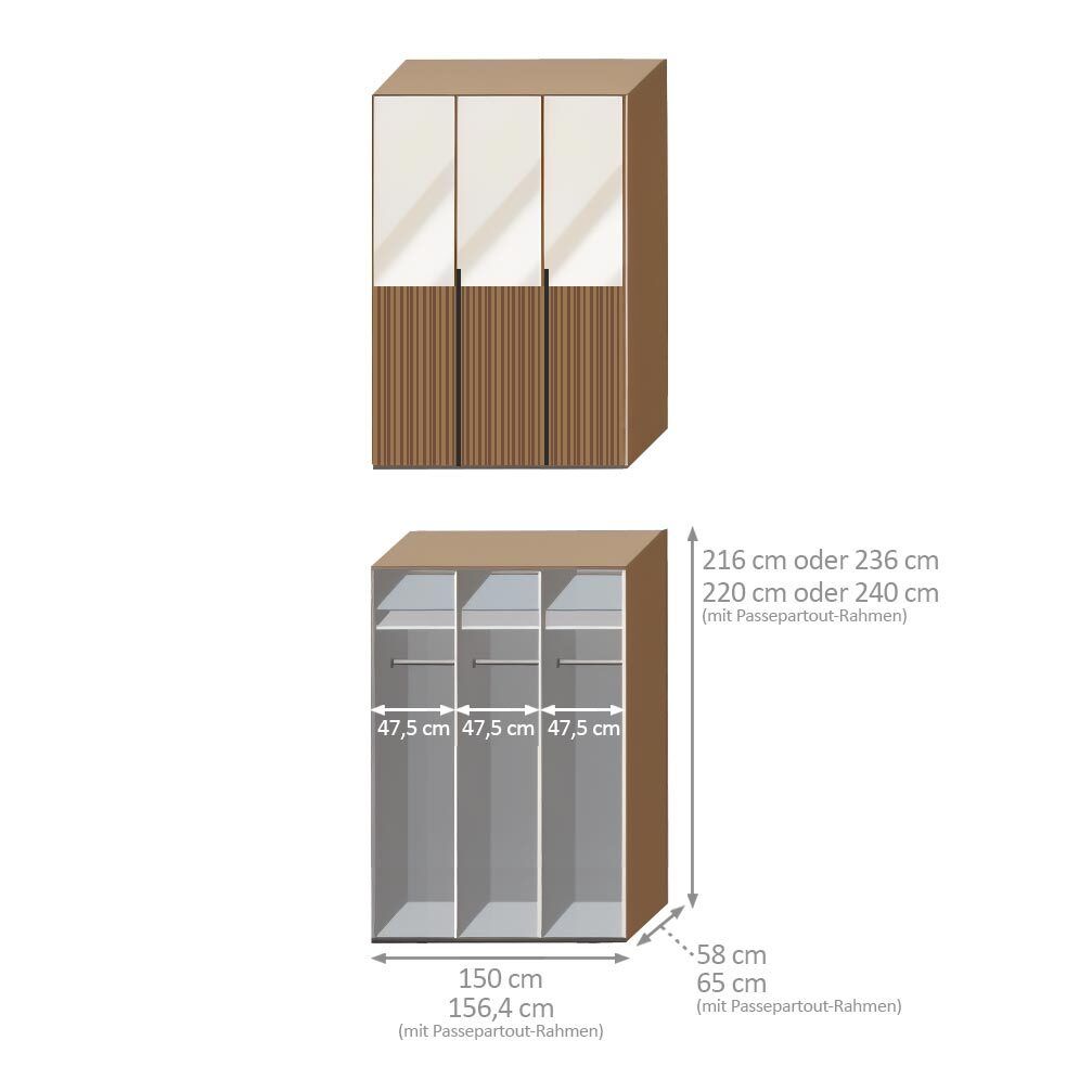 Drehtüren-Kleiderschrank Solya Eiche teilmassiv mit Glasfront