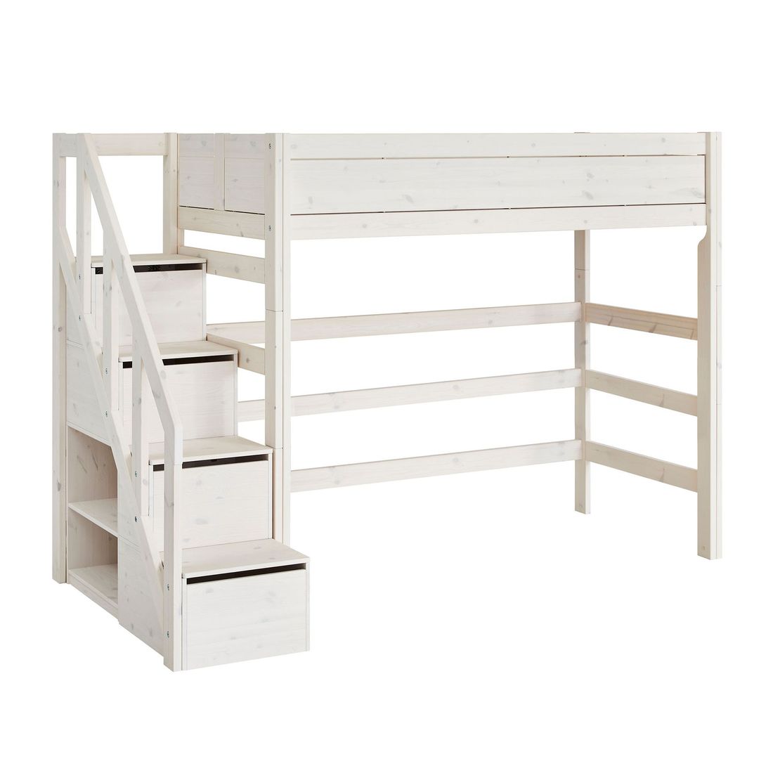 LIFETIME Hochbett Original Kiefer Massivholz mit Lattenrost und Treppenmodul