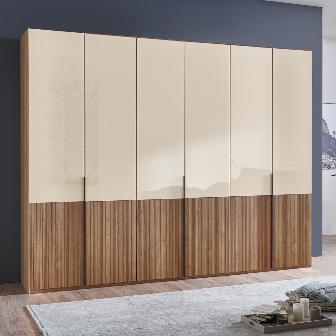 Drehtüren-Kleiderschrank Solya Eiche teilmassiv mit Glasfront