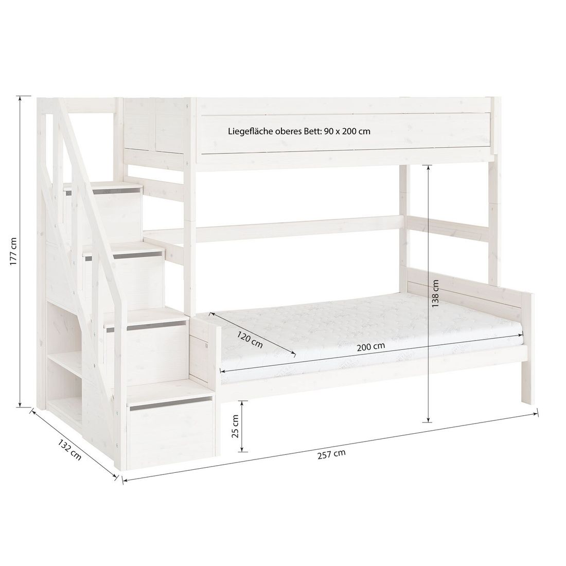 LIFETIME Familienbett Original Kiefer Massivholz mit Lattenrost und Treppenmodul