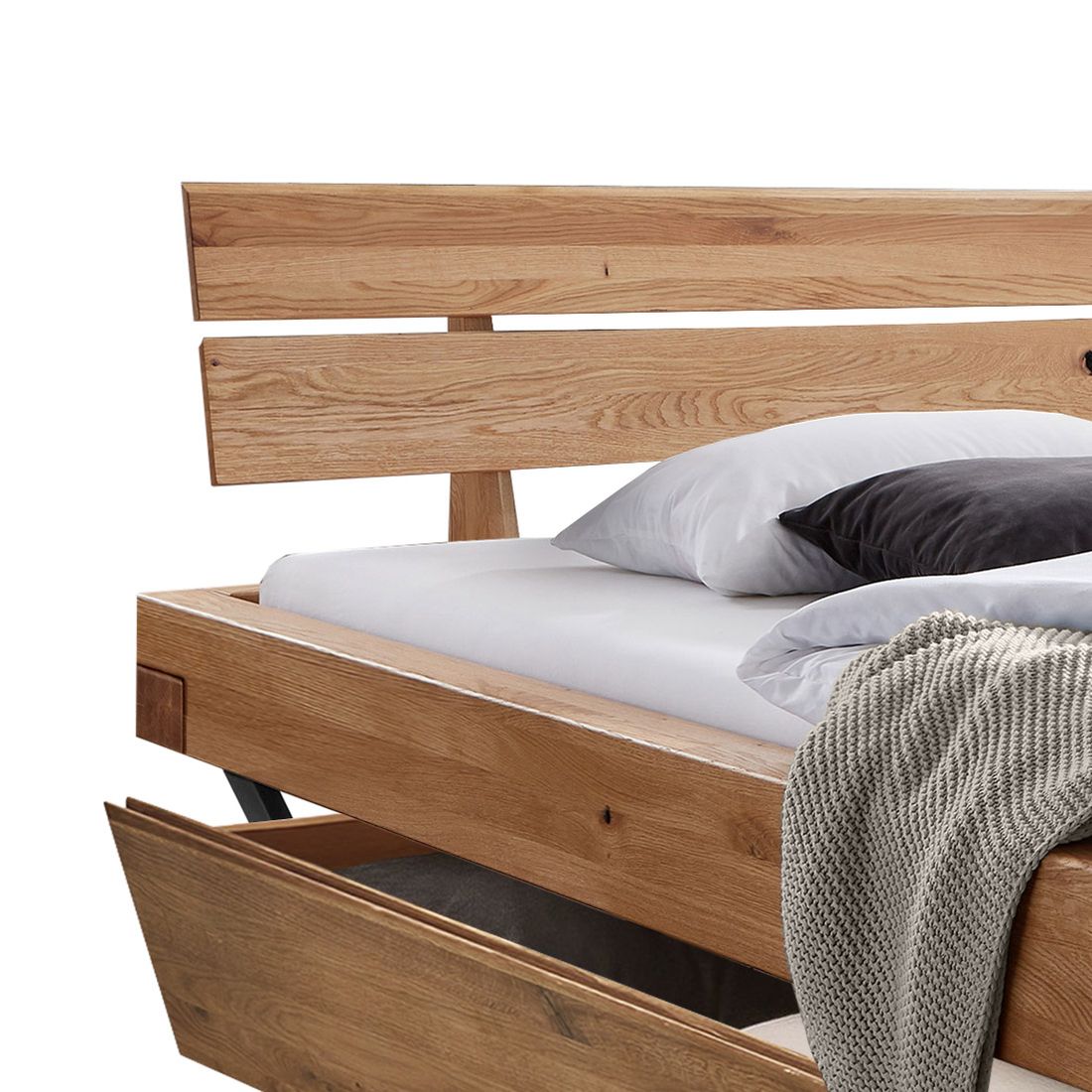 Balkenbett Rubus Wildeiche Massivholz mit Schubkasten