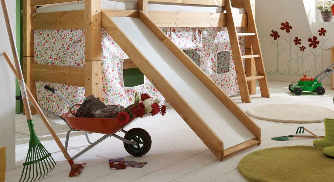 Mini-Hochbett Kids Dreams Kiefer Massivholz mit Lattenrost und Rutsche