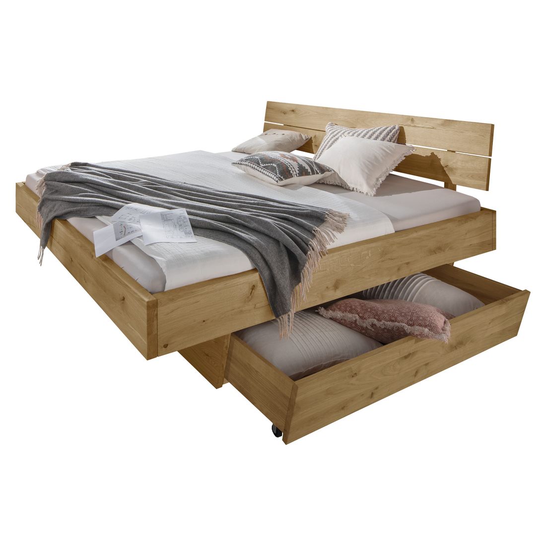 Bett Kärnten Komfort Wildeiche Massivholz mit Schubkasten