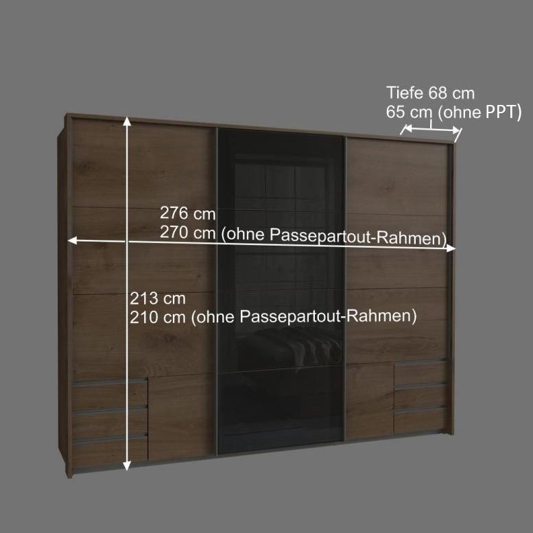 Schwebetüren-Kleiderschrank Alwara Eiche Dekor mit Glasfront und Schubladen