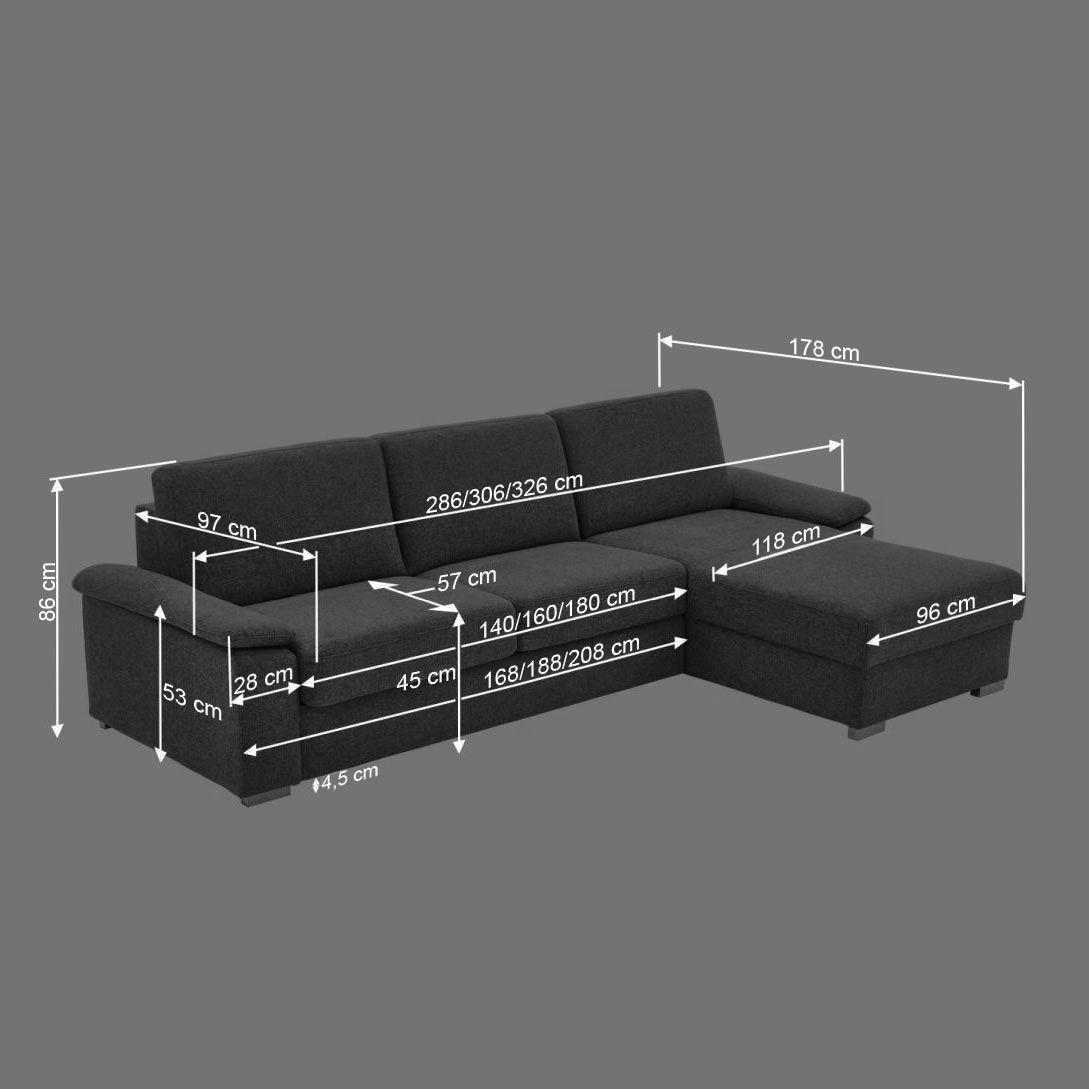 Eck-Schlafsofa Cesio Webstoff mit Lattenrost und Bettkasten Ottomane rechts