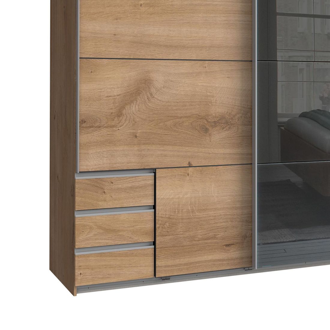 Schwebetüren-Kleiderschrank Alwara Eiche Dekor mit Glasfront und Schubladen
