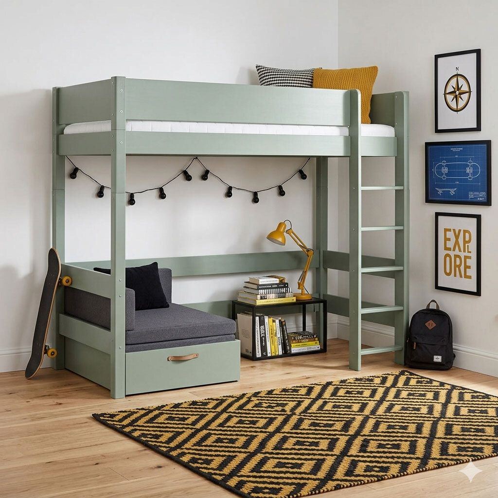 Maxi-Hochbett Kids Town Color Buche teilmassiv mit Lattenrost und Ausziehsofa