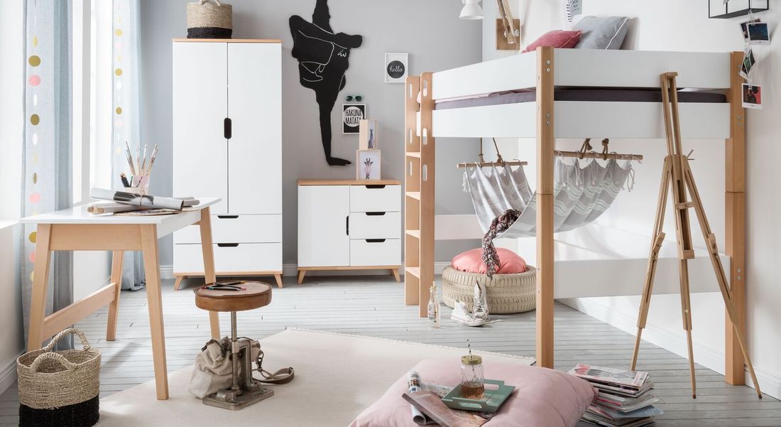 Midi-Hochbett Kids Nordic Buche teilmassiv mit Lattenrost