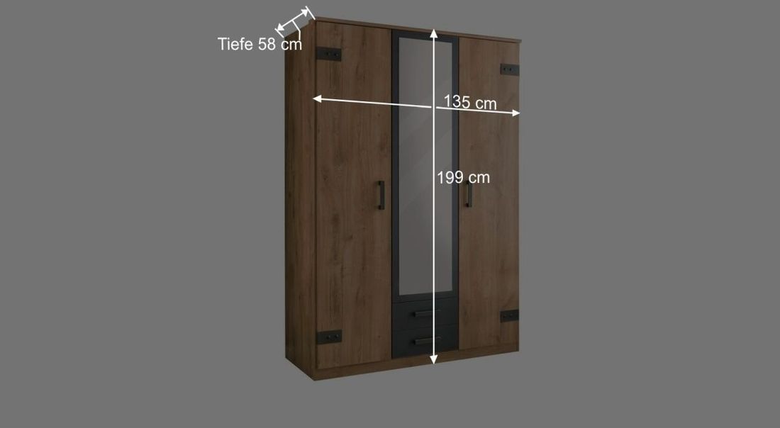 Drehtüren-Kleiderschrank Borlotto Eiche Dekor mit Schubladen