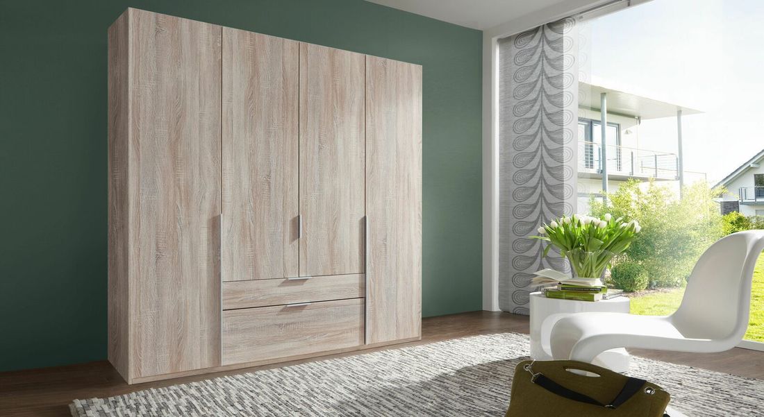 Drehtüren-Kleiderschrank Coreno Eiche Dekor mit Schubladen und Innenausstattung